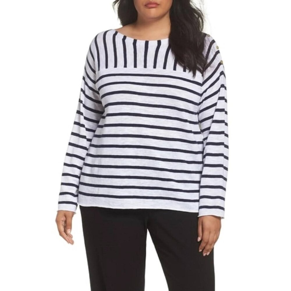 Eileen Fisher Womens L Striped Organic Linen & Cotton Button Shoulder Sweater  W
